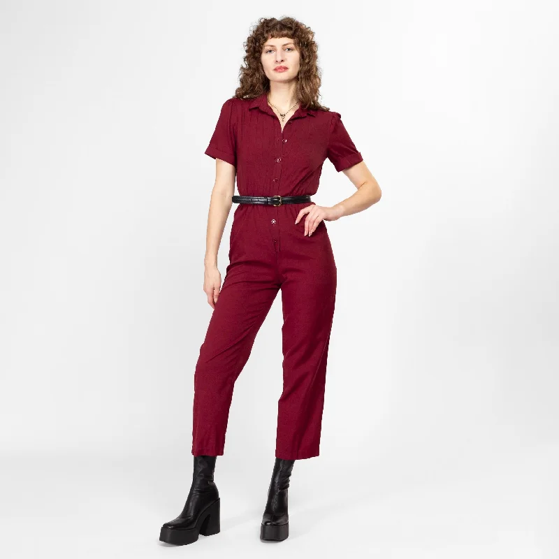 Petite Small 70s Wine Red Button Up Jumpsuit