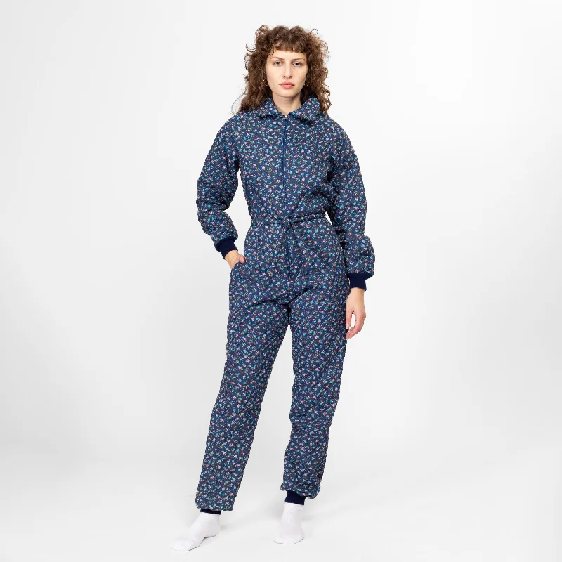 Small 70s 80s Blue Ditsy Floral Quilted Pajama Jumpsuit