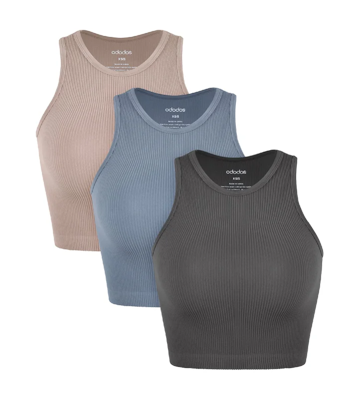 3-Pack Seamless Ribbed High Neck Cropped Tank Tops